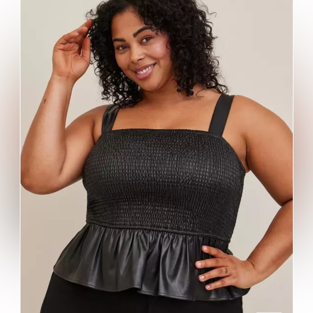 Torrid Peplum Faux Leather‎ Smocked Top Black Plus 0